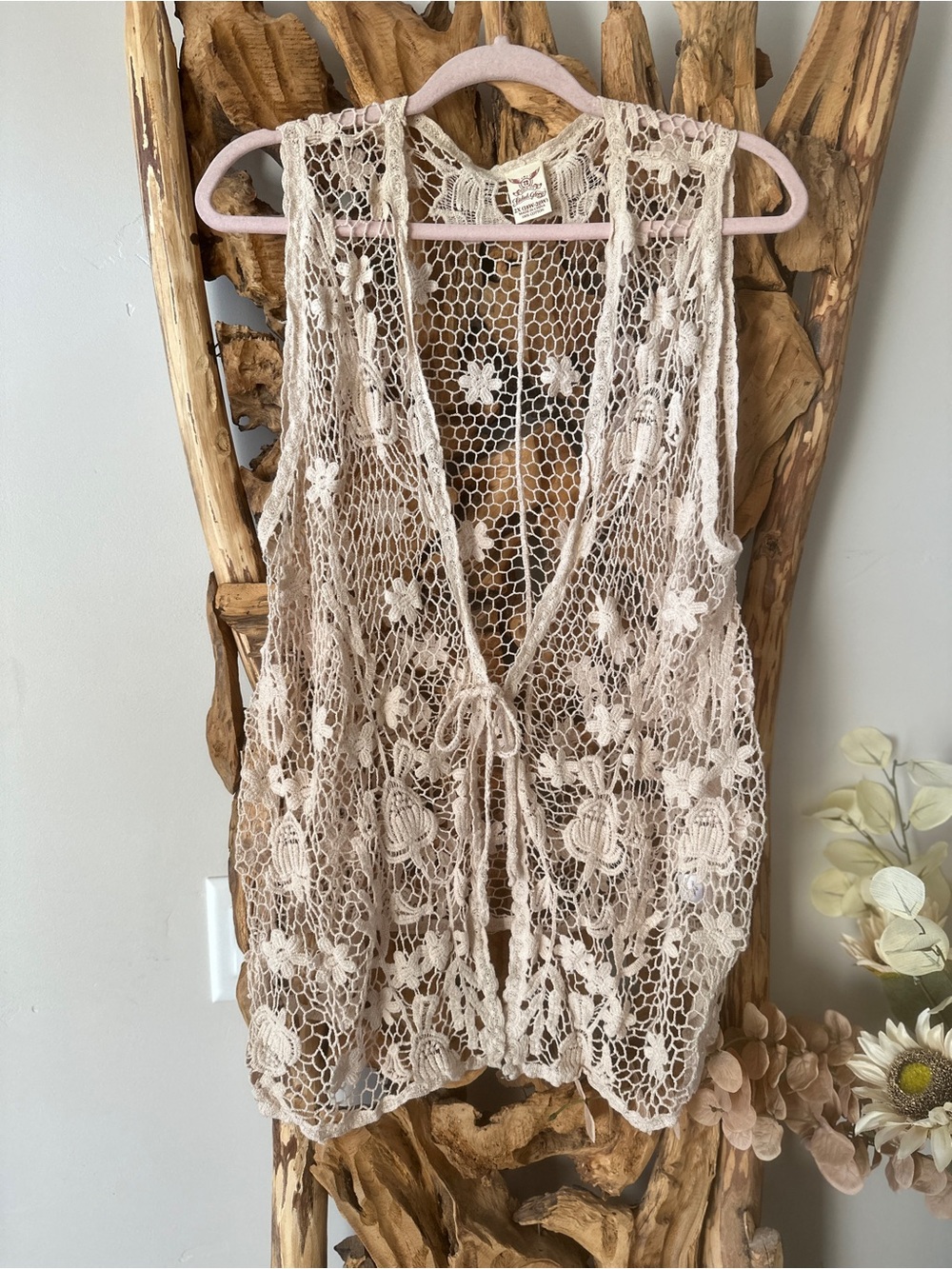 Faded Glory Beige Crochet Open-Knit Swim Cover-Up Vest